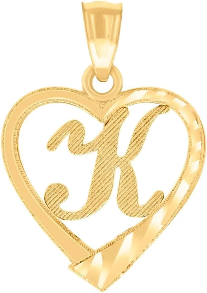 JewelryWeb 14k Yellow Gold Unisex Diamond-Cut-Unisex Letter Name Personalized Monogram Initial Alphabet K Love Heart Charm Pendant Necklace 19.5x13.8mm Wide-Pendant for Women