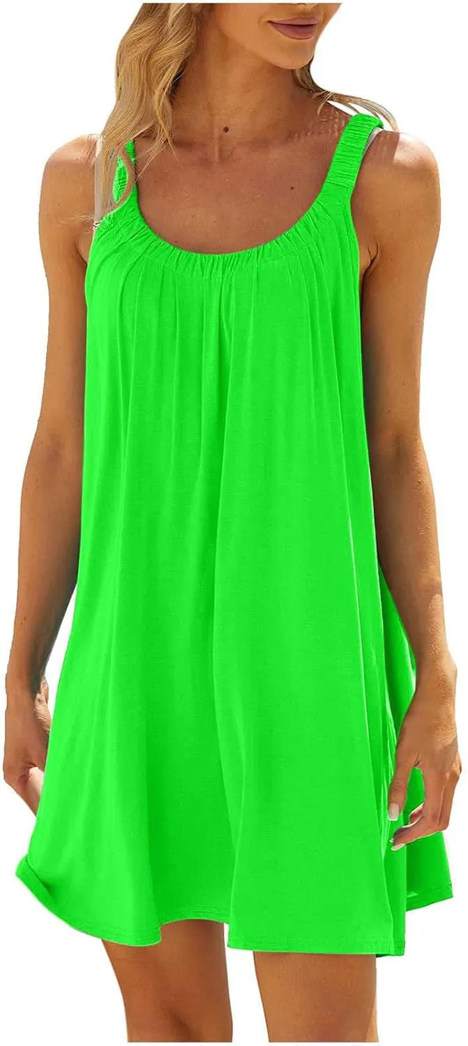 jsaierl Women Sundress Summer Sleeveless Beach Mini Dress Cute Cami Tank Dress A Line Swing Dress Casual Boho Vacation Dress