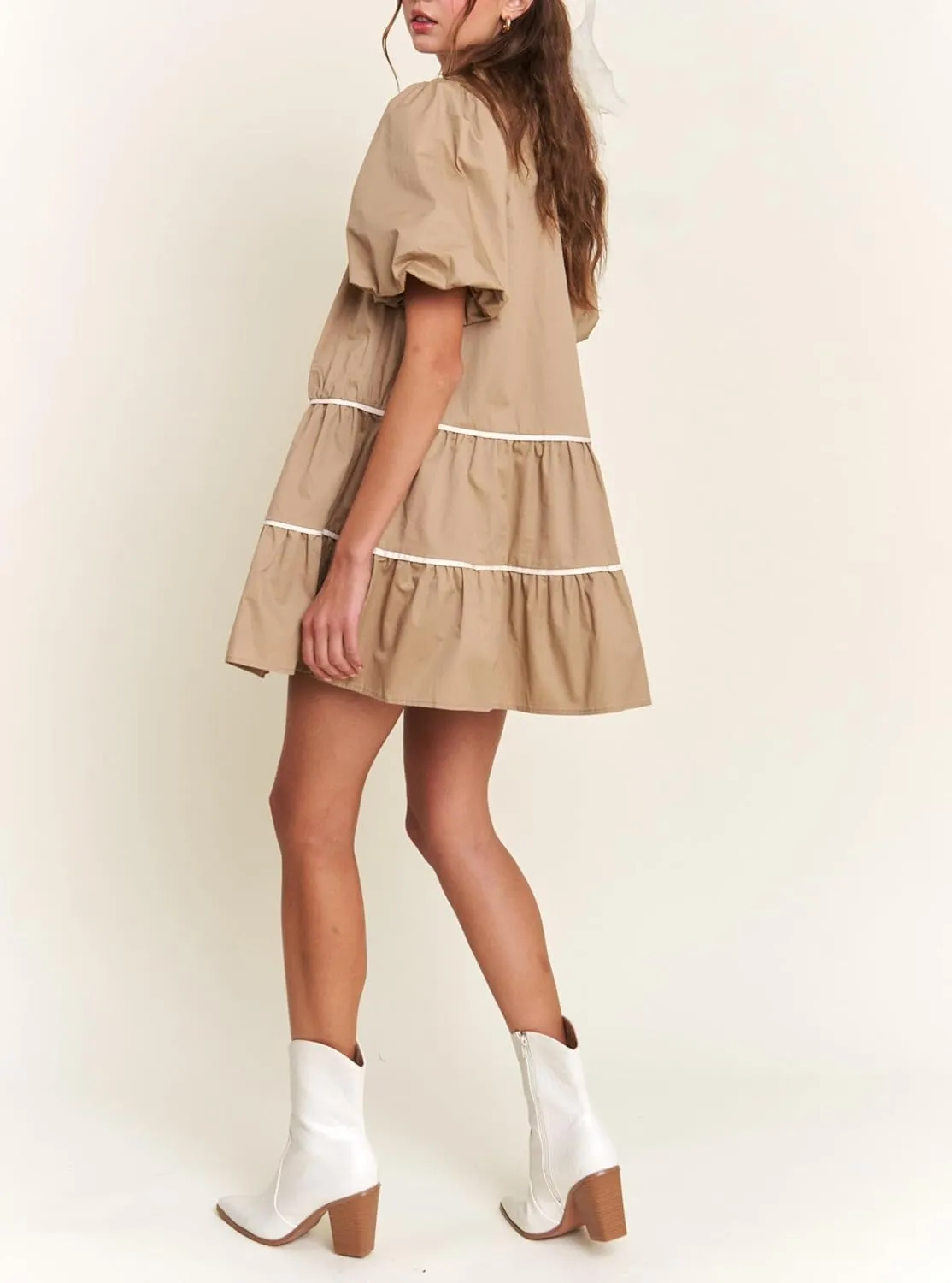 Juakoso Women Short Puff Sleeve Babydoll Dress Cute Print Bow Tie A-line Ruffle Mini Dress Casual Pleated Going Out Dress