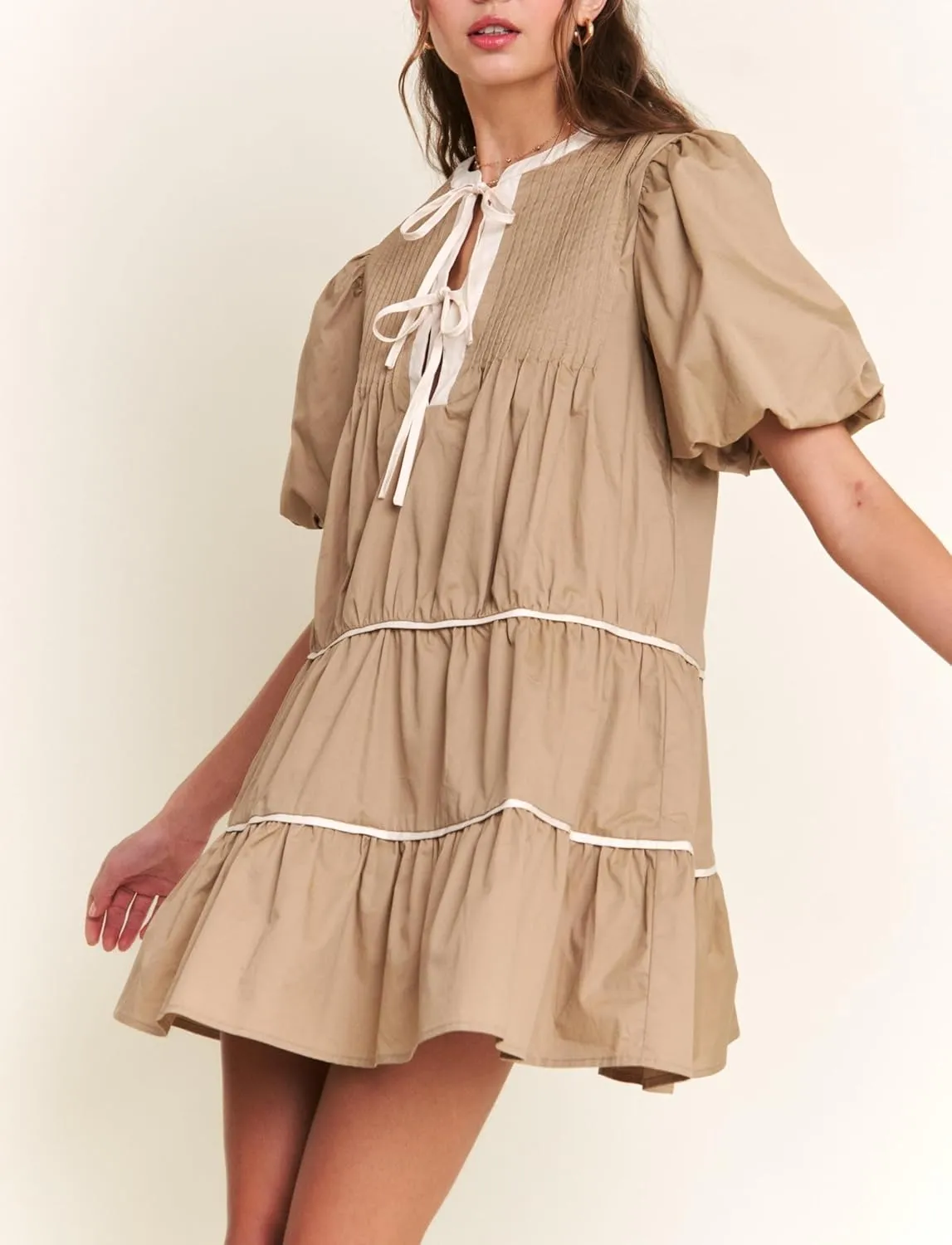 Juakoso Women Short Puff Sleeve Babydoll Dress Cute Print Bow Tie A-line Ruffle Mini Dress Casual Pleated Going Out Dress