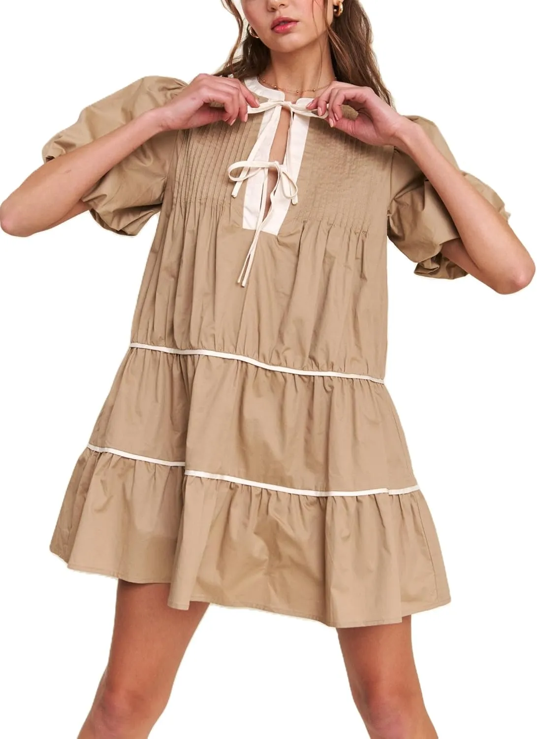 Juakoso Women Short Puff Sleeve Babydoll Dress Cute Print Bow Tie A-line Ruffle Mini Dress Casual Pleated Going Out Dress
