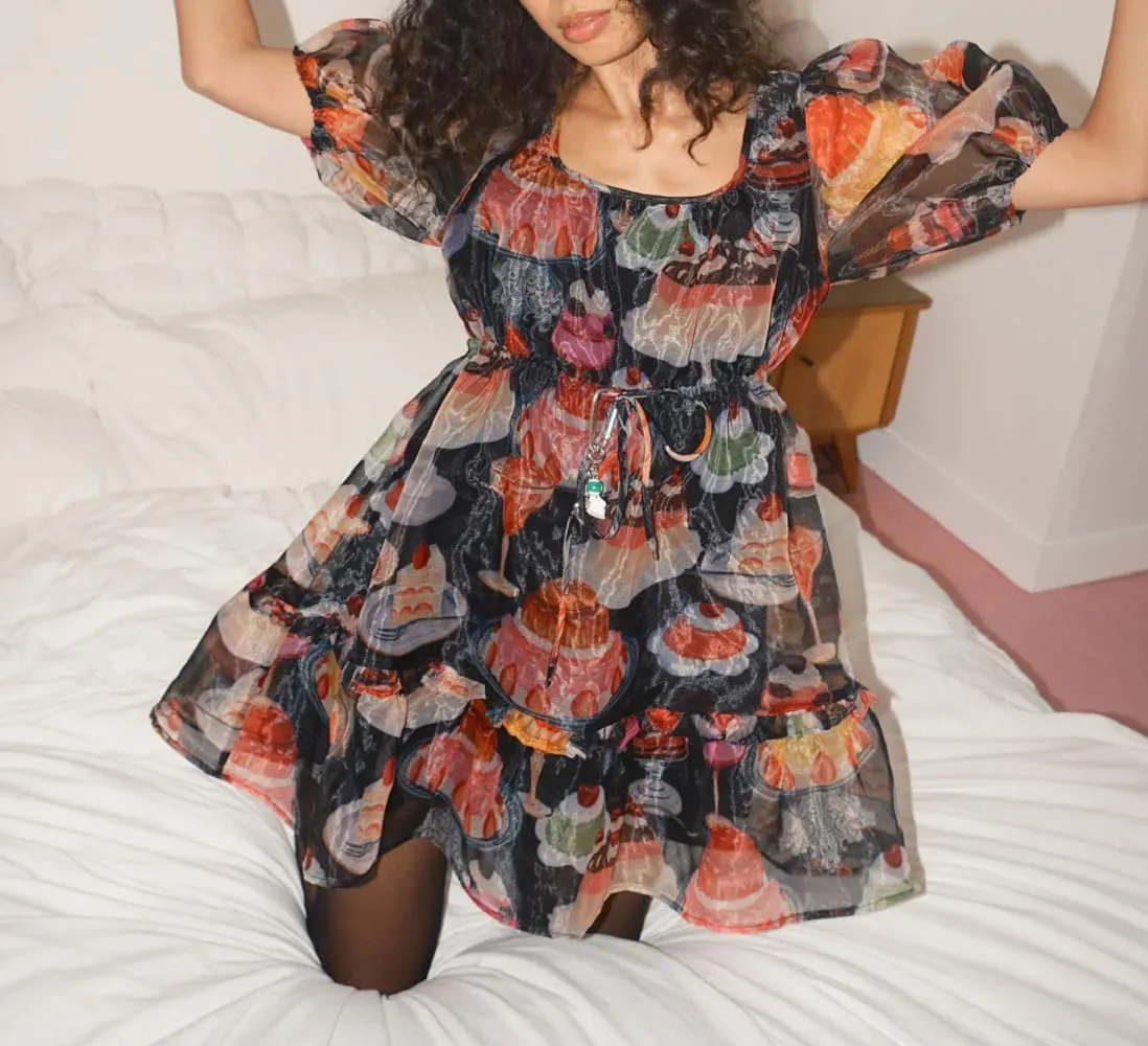 Juakoso Women Short Puff Sleeve Babydoll Dress Cute Print Bow Tie A-line Ruffle Mini Dress Casual Pleated Going Out Dress