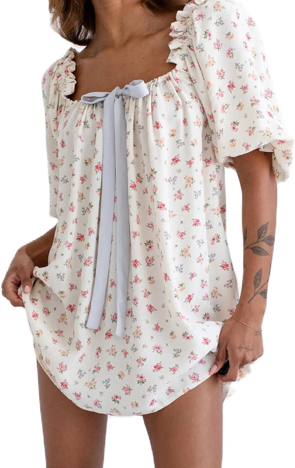 KMBANGI Women Cute Babydoll Dress Short Puff Sleeve Bow Tie Fairy Mini Dress Ruffle Boho Floral Short Slip Sundress