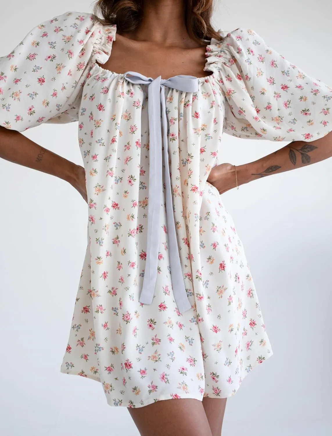 KMBANGI Women Cute Babydoll Dress Short Puff Sleeve Bow Tie Fairy Mini Dress Ruffle Boho Floral Short Slip Sundress