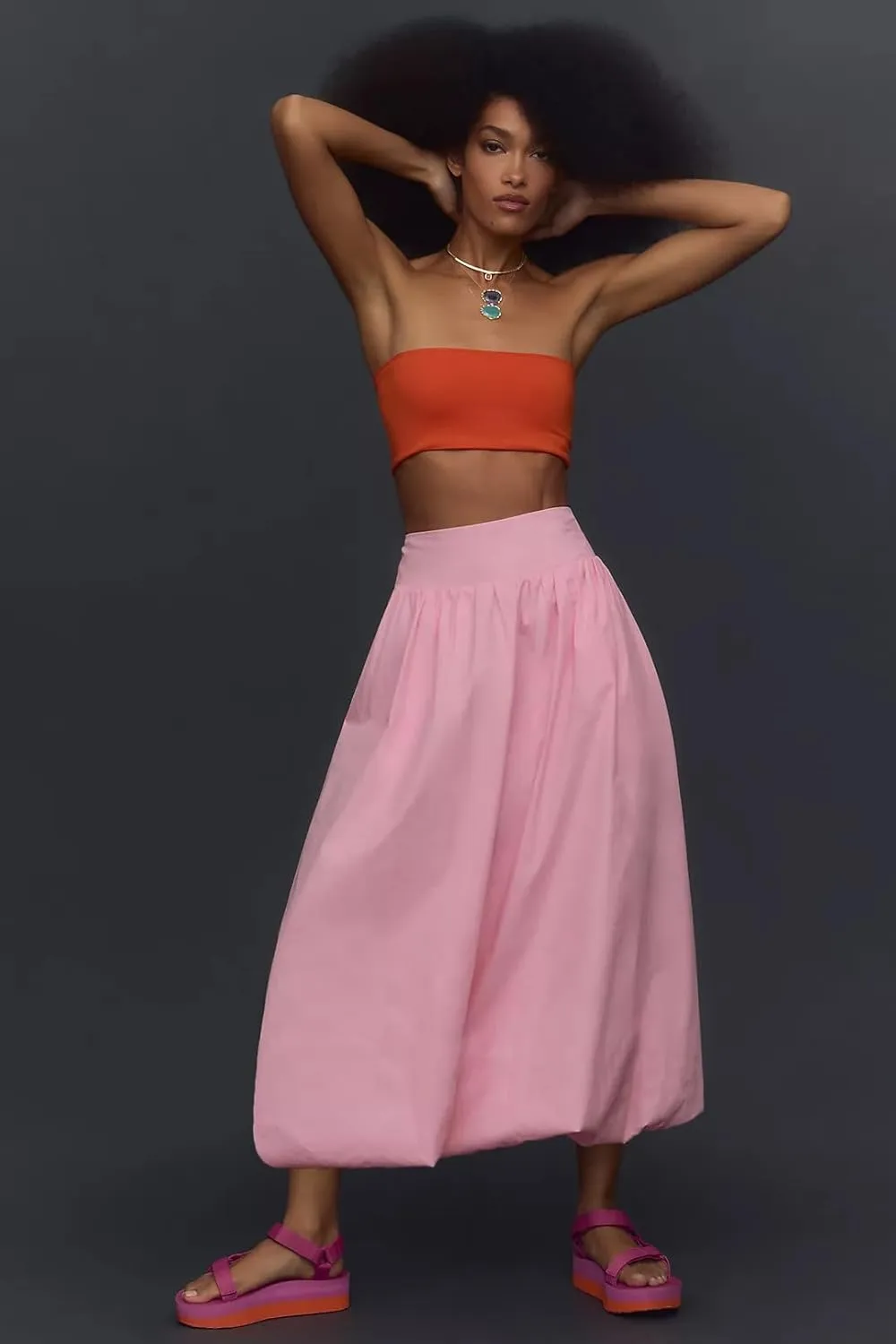 KMBANGI Y2k Women Bubble Maxi Skirt Elastic Smocked Waist Casual Pleated Long Skirts Ruffle Balloon Midi Skirt Streetwear