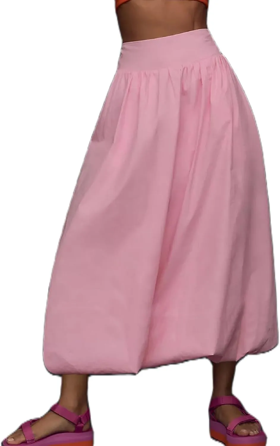 KMBANGI Y2k Women Bubble Maxi Skirt Elastic Smocked Waist Casual Pleated Long Skirts Ruffle Balloon Midi Skirt Streetwear
