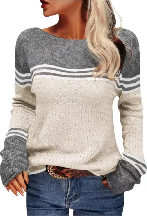 Knit Sweaters for Women Fall Winter Colorblock Pullovers Long Sleeve Crewneck Slim Fit Sweater Tops Trendy 2024