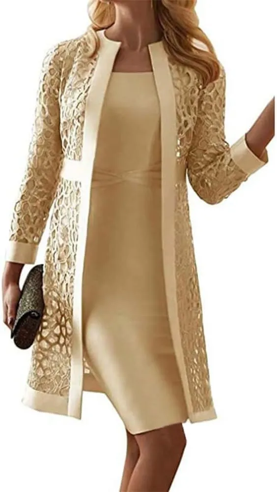Lace Chiffon 2 Piece Set Dress for Women Elegant Long Sleeve Casual Dress Knee Length A Line Wedding Guest Dresses