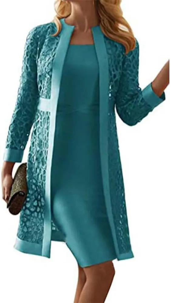Lace Chiffon 2 Piece Set Dress for Women Elegant Long Sleeve Casual Dress Knee Length A Line Wedding Guest Dresses