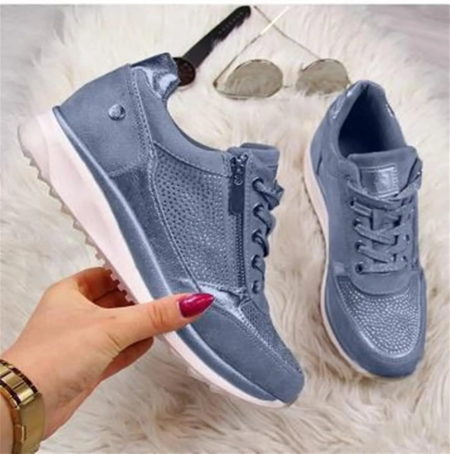 Ladmiple Sneakers For Women Walking Shoes Wide Width Sparkly Sneakers Slip On Dressy Summer Glitter Rhinestone Loafers