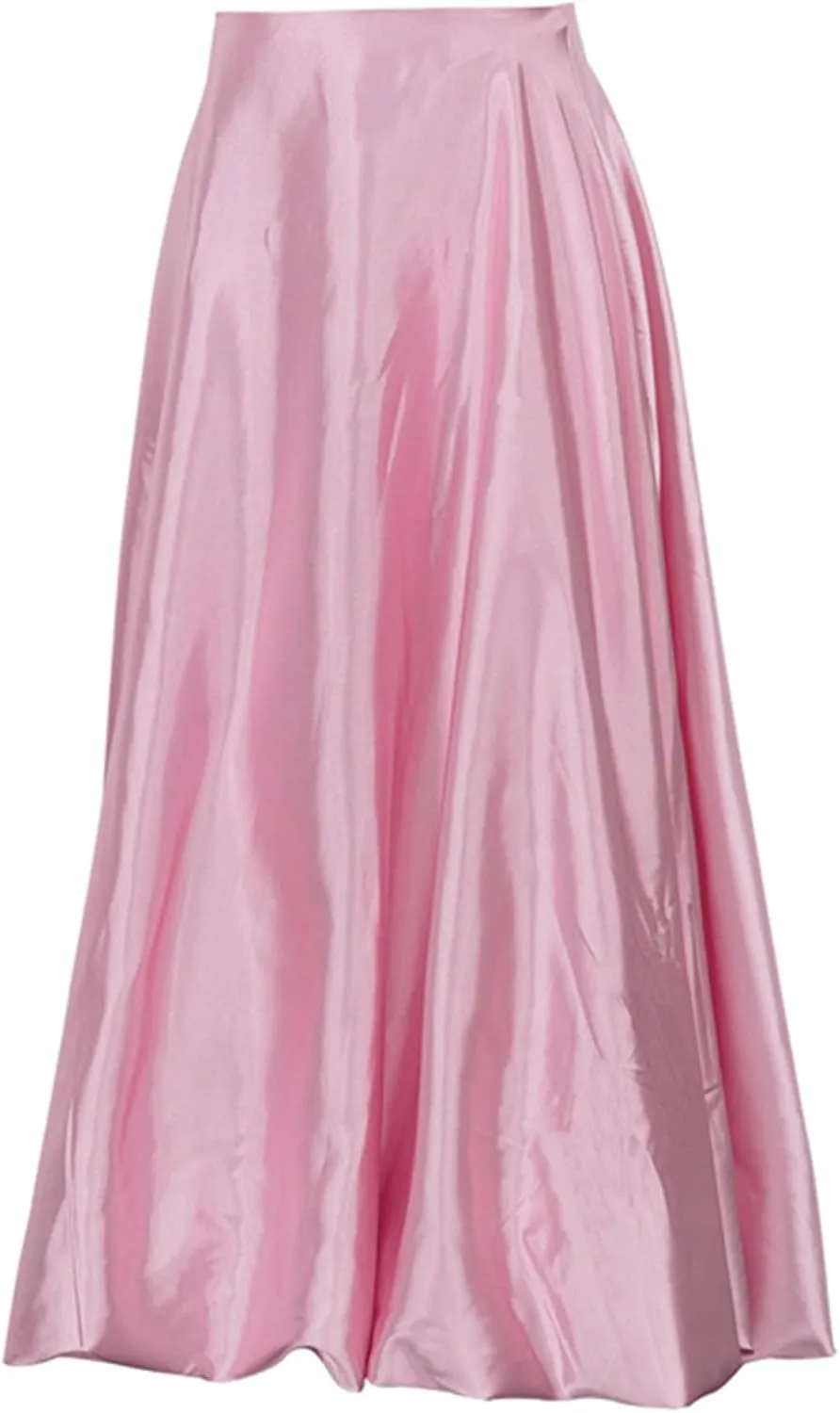 LETSVDO Women's Bubble Skirt Elastic Waist Pleated Sparkly Metallic Silver Balloon Ruffle A Line Flowy Maxi Skirts