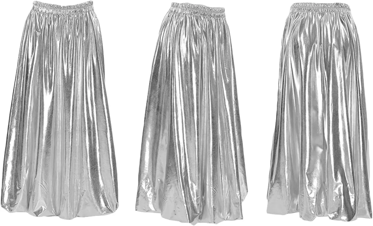 LETSVDO Women's Bubble Skirt Elastic Waist Pleated Sparkly Metallic Silver Balloon Ruffle A Line Flowy Maxi Skirts