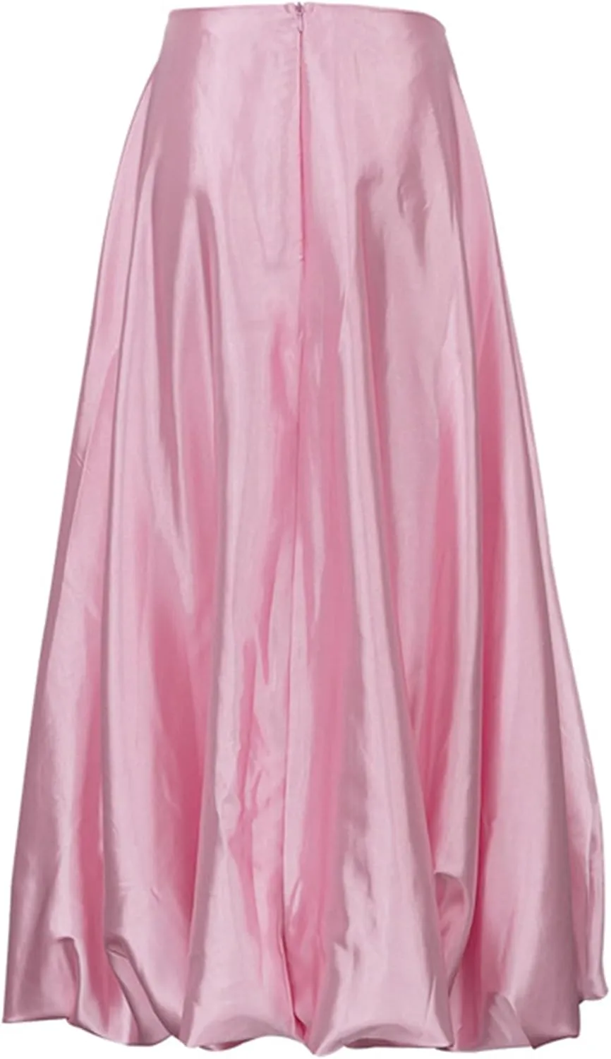 LETSVDO Women's Bubble Skirt Elastic Waist Pleated Sparkly Metallic Silver Balloon Ruffle A Line Flowy Maxi Skirts