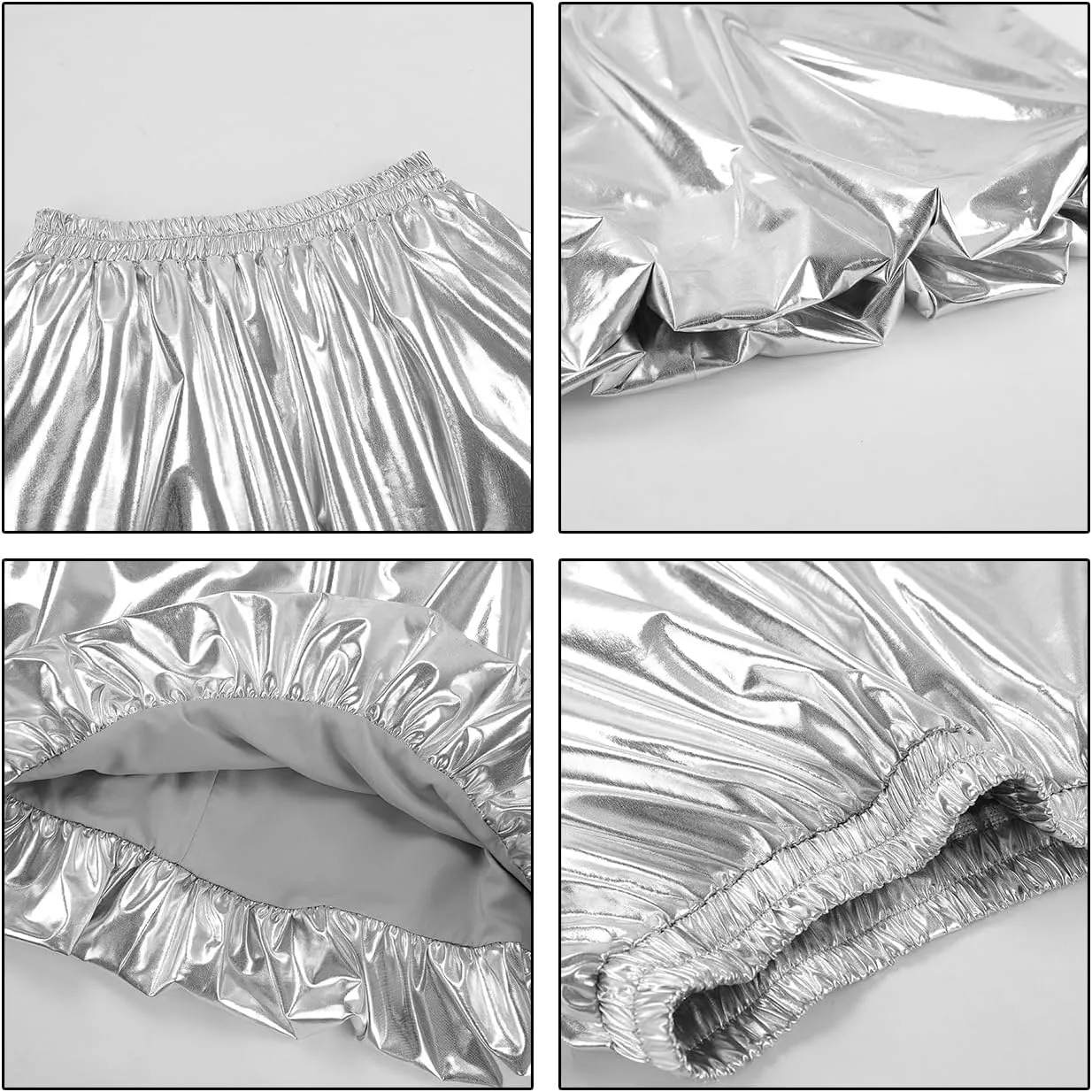 LETSVDO Women's Bubble Skirt Elastic Waist Pleated Sparkly Metallic Silver Balloon Ruffle A Line Flowy Maxi Skirts