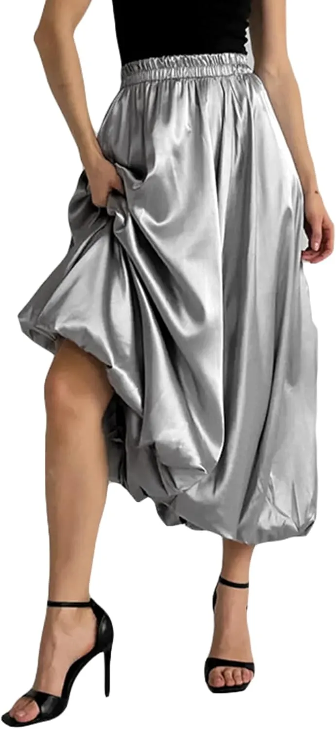 LETSVDO Women's Bubble Skirt Elastic Waist Pleated Sparkly Metallic Silver Balloon Ruffle A Line Flowy Maxi Skirts