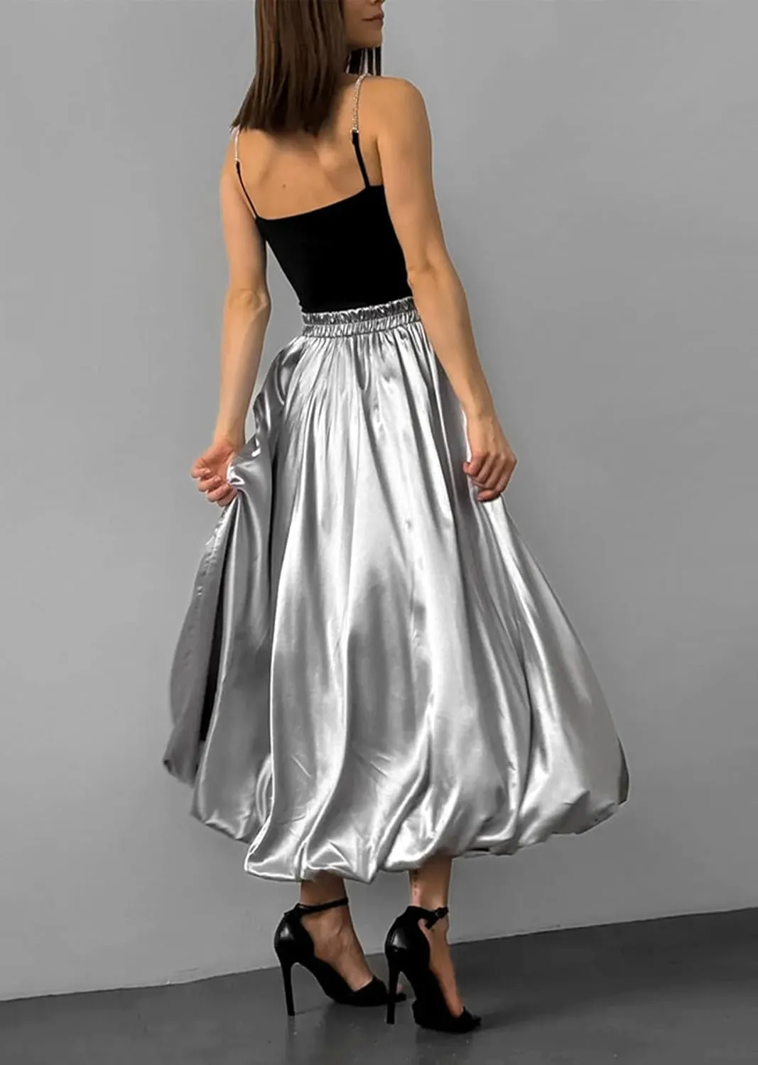 LETSVDO Women's Bubble Skirt Elastic Waist Pleated Sparkly Metallic Silver Balloon Ruffle A Line Flowy Maxi Skirts
