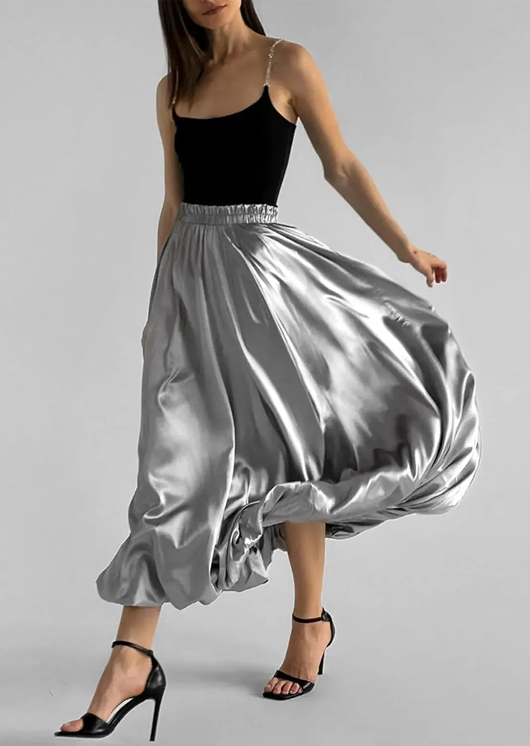 LETSVDO Women's Bubble Skirt Elastic Waist Pleated Sparkly Metallic Silver Balloon Ruffle A Line Flowy Maxi Skirts