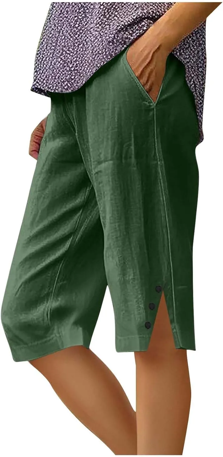 Linen Bermuda Shorts for Women Knee Length Casual Summer Linen Capri Pants Lightweight Beach Shorts with Pockets