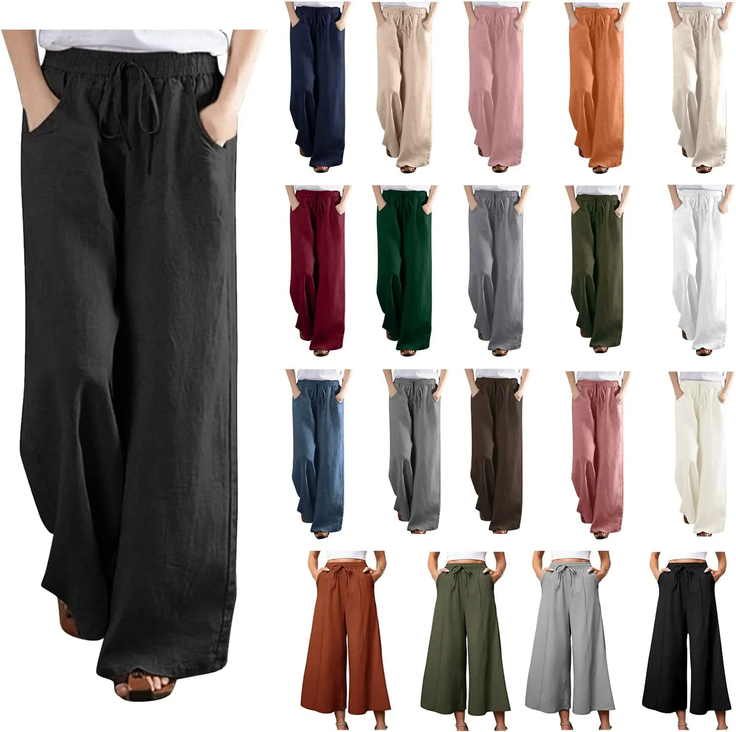 Linen Pants for Women High Waist Palazzo Pants Wide Leg Lounge Pants Drawstring Boho Beach Pants Solid Slacks