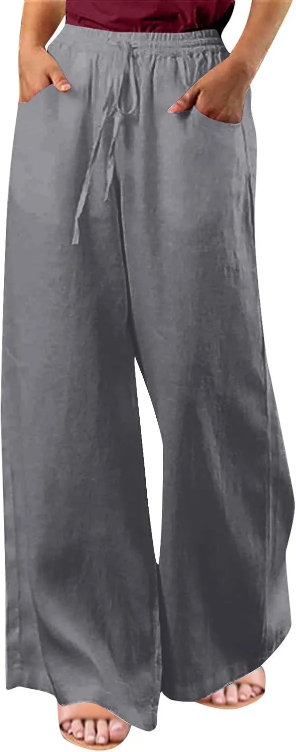 Linen Pants for Women High Waist Palazzo Pants Wide Leg Lounge Pants Drawstring Boho Beach Pants Solid Slacks