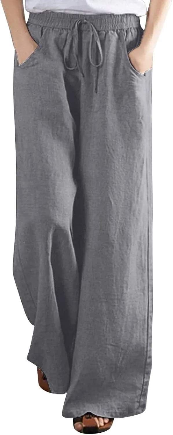 Linen Pants for Women High Waist Palazzo Pants Wide Leg Lounge Pants Drawstring Boho Beach Pants Solid Slacks