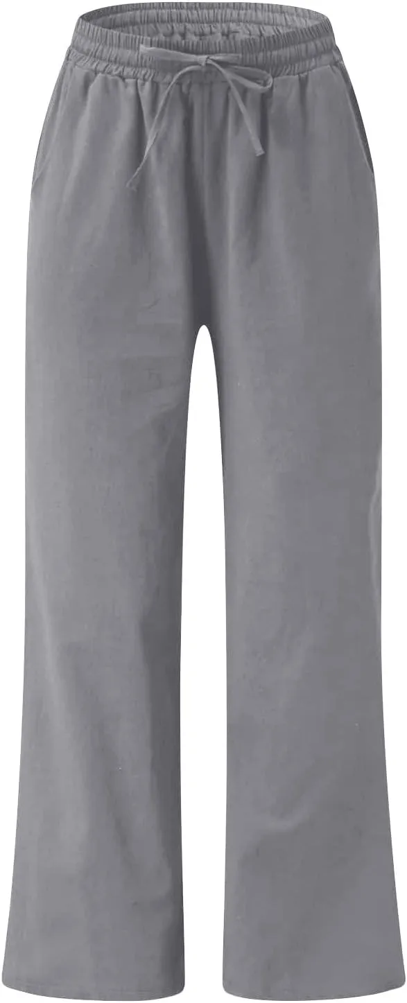 Linen Pants for Women High Waist Palazzo Pants Wide Leg Lounge Pants Drawstring Boho Beach Pants Solid Slacks