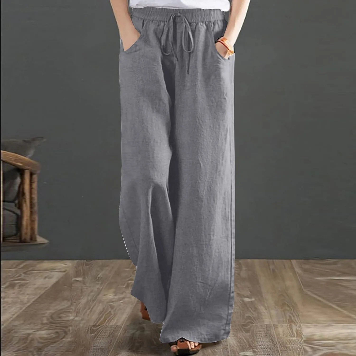 Linen Pants for Women High Waist Palazzo Pants Wide Leg Lounge Pants Drawstring Boho Beach Pants Solid Slacks