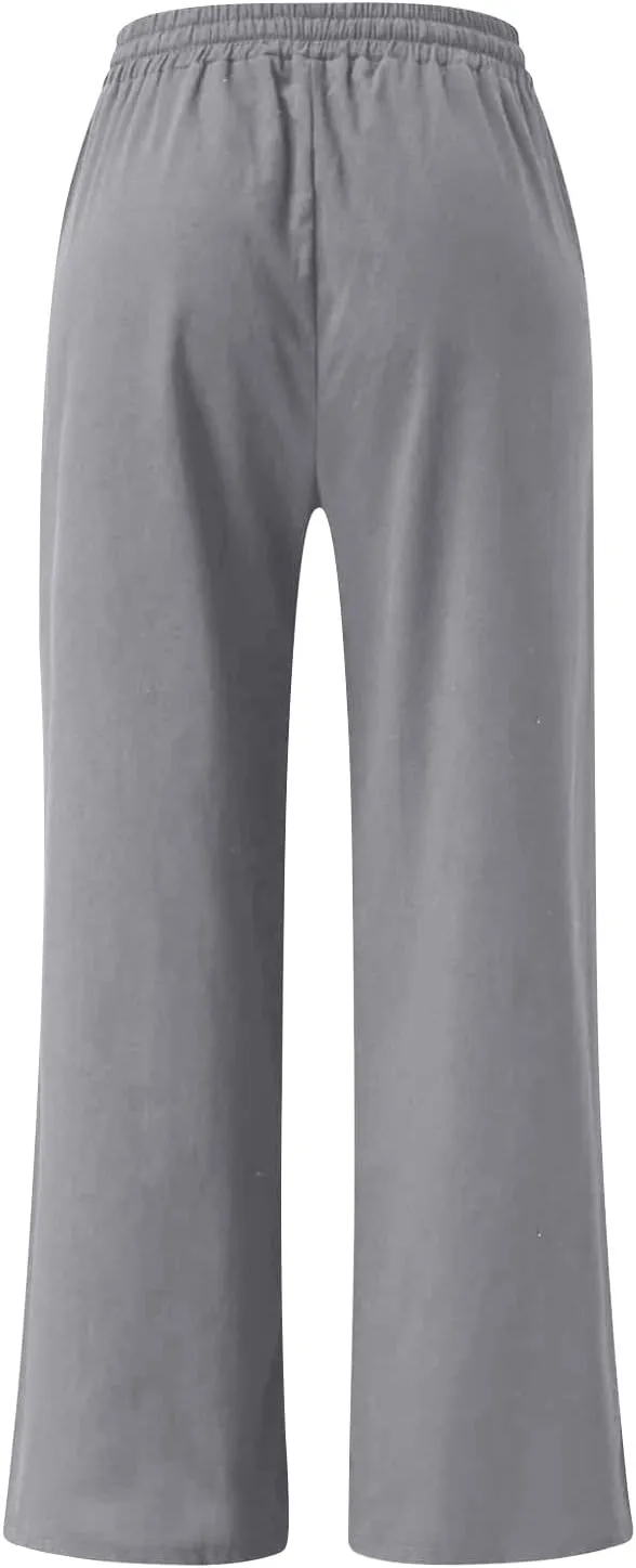 Linen Pants for Women High Waist Palazzo Pants Wide Leg Lounge Pants Drawstring Boho Beach Pants Solid Slacks