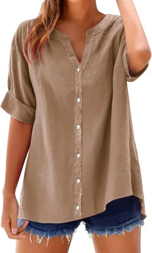 Linen Shirts for Women 2025 Summer Tops Casual Ruffle Short Sleeve V Neck Button Down Loose Fit Tops Shirt
