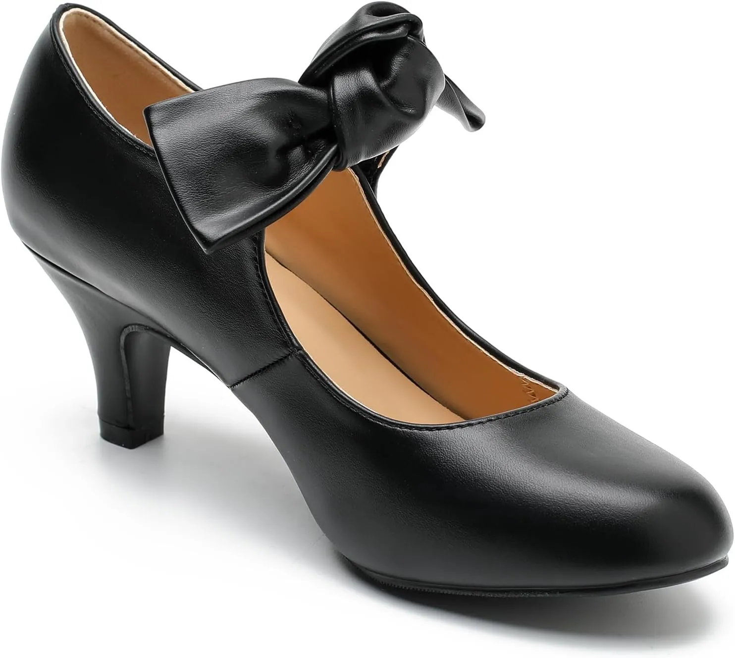 LIURUIJIA Women's Bow Heels Mary Jane Kitten Heel Pumps Round Toe Low Heels Ankle Strap Wedding Evening Party Dress Shoes