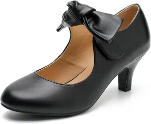 LIURUIJIA Women's Bow Heels Mary Jane Kitten Heel Pumps Round Toe Low Heels Ankle Strap Wedding Evening Party Dress Shoes