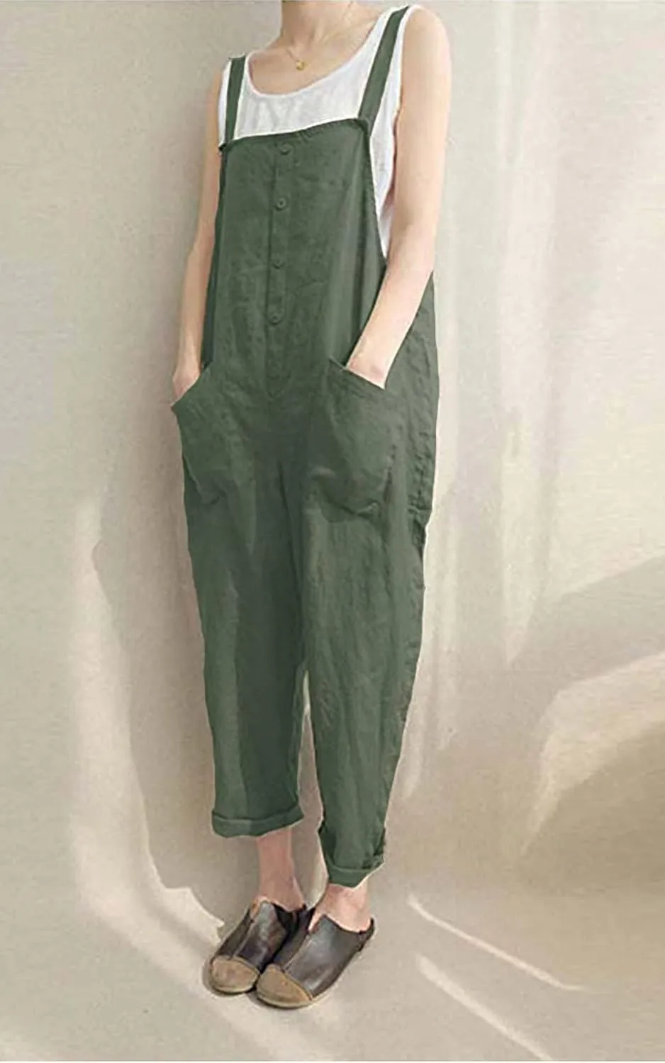 Lncropo Women's Baggy Overalls Linen Jumpsuit Rompers Harem Wide Leg Casual Pants