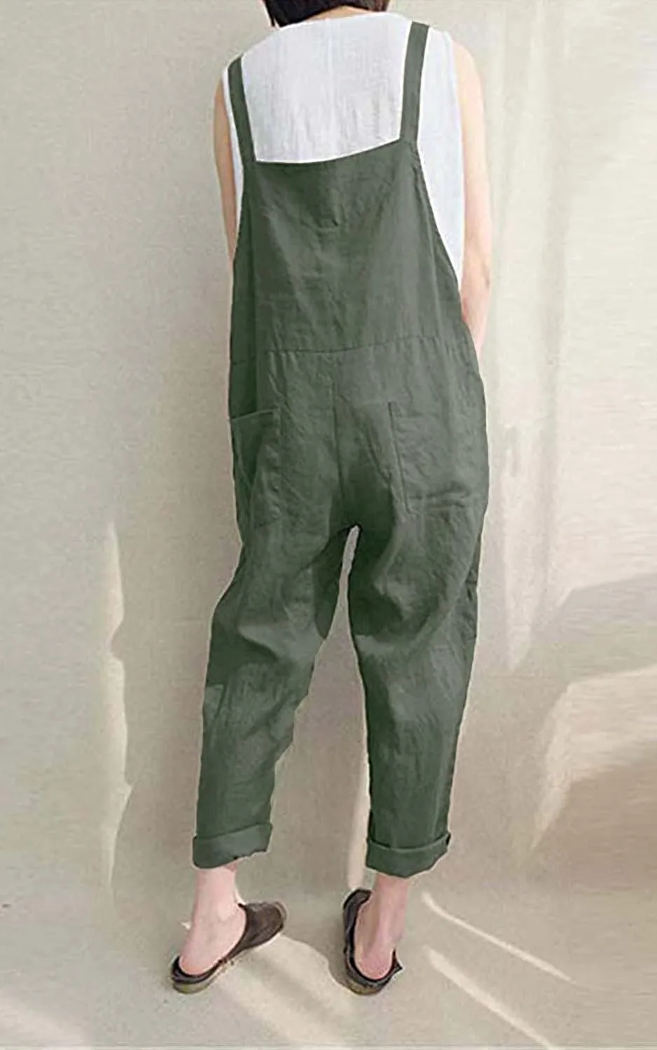 Lncropo Women's Baggy Overalls Linen Jumpsuit Rompers Harem Wide Leg Casual Pants