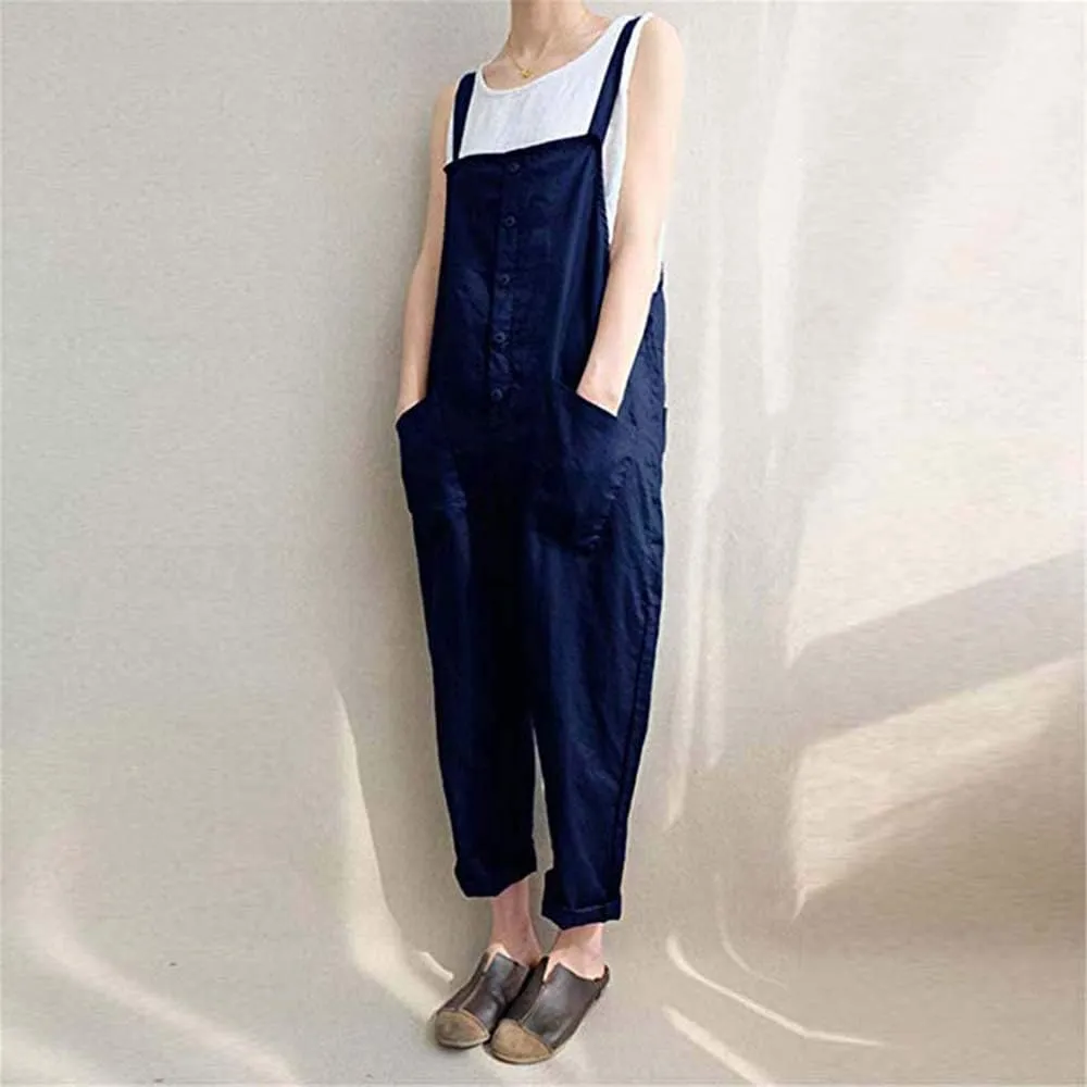 Lncropo Women's Baggy Overalls Linen Jumpsuit Rompers Harem Wide Leg Casual Pants