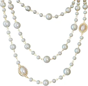 Long 62-Inch Layered Silver Necklace With Faux Pearls, Oval Pendants, Adjustable Chain, Women'S Jewelry