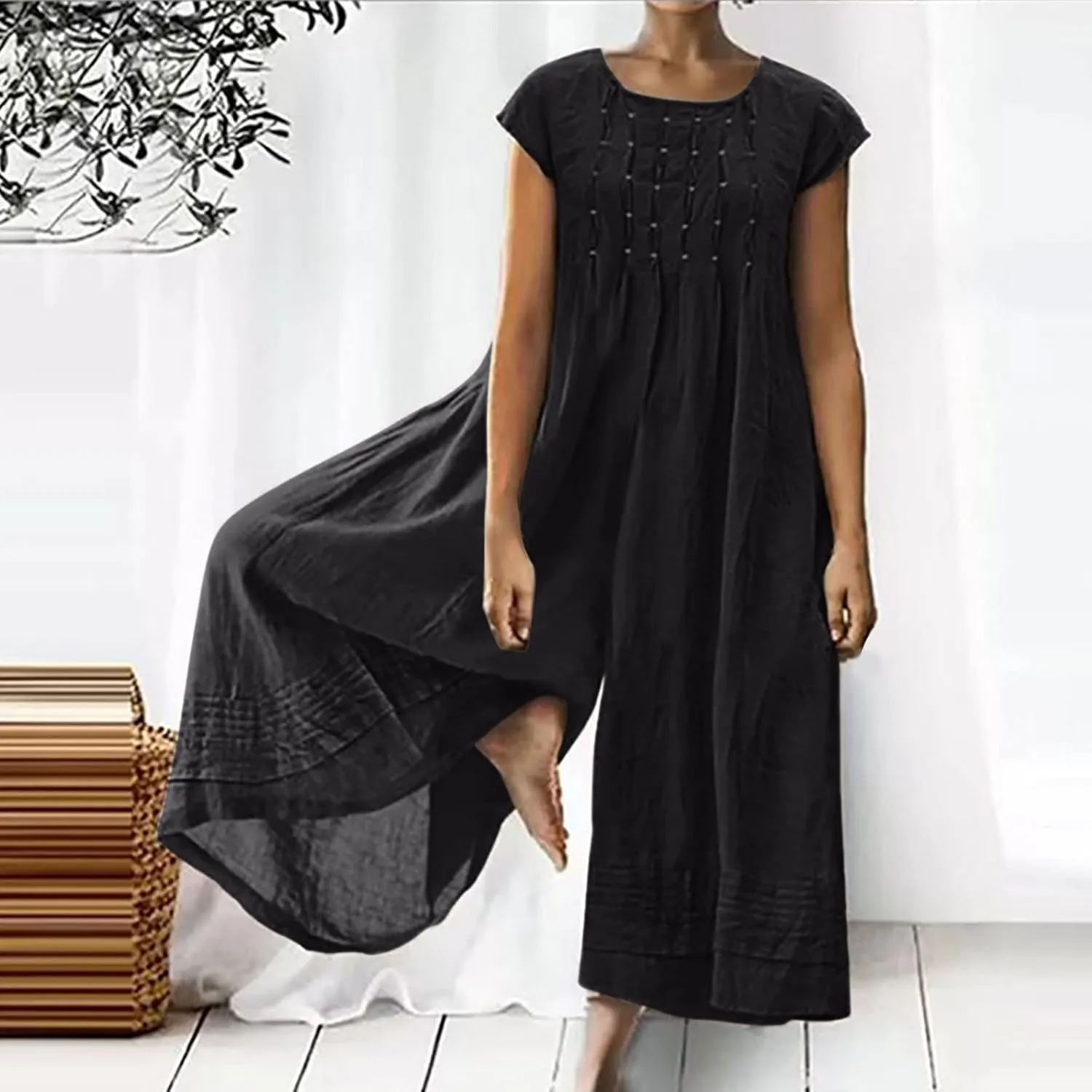 Loose Fit Pants for Women Fall Summer Linen Straight Leg Plain Long Leg Overalls Pants Rompers Women 2024 Fashion
