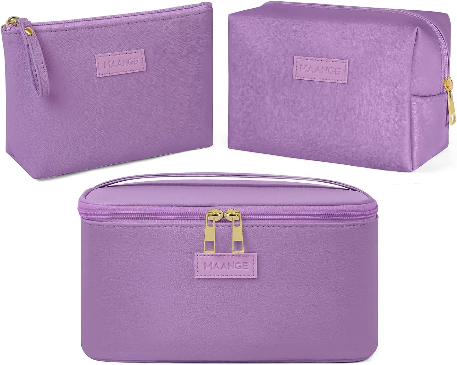 MAANGE Travel Makeup Bag - Large Makeup Bag with 2pcs Small Makeup Bag Portable Leather Cosmetic Bag Toiletry Bag Make Up Bags for Women and Girls (Purple)