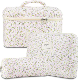 Makeup Bag, 3 PCS Quilted Makeup Bag, Cute Floral Cotton Cosmetic Bag set, Coquette Makeup Pouch Large Travel Toiletry Bag