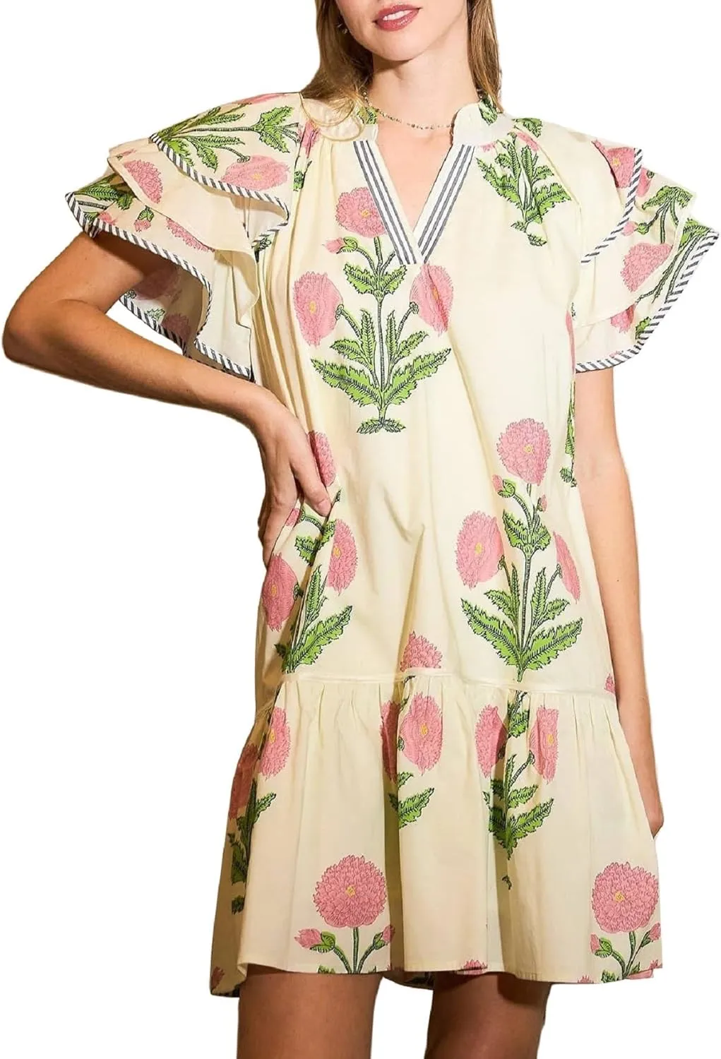Melliflo Womens Summer Casual Floral Mini Dress V-Neck Puff Sleeve Flowy Tiered Babydoll Dress Swing Beach Vacation Sundress