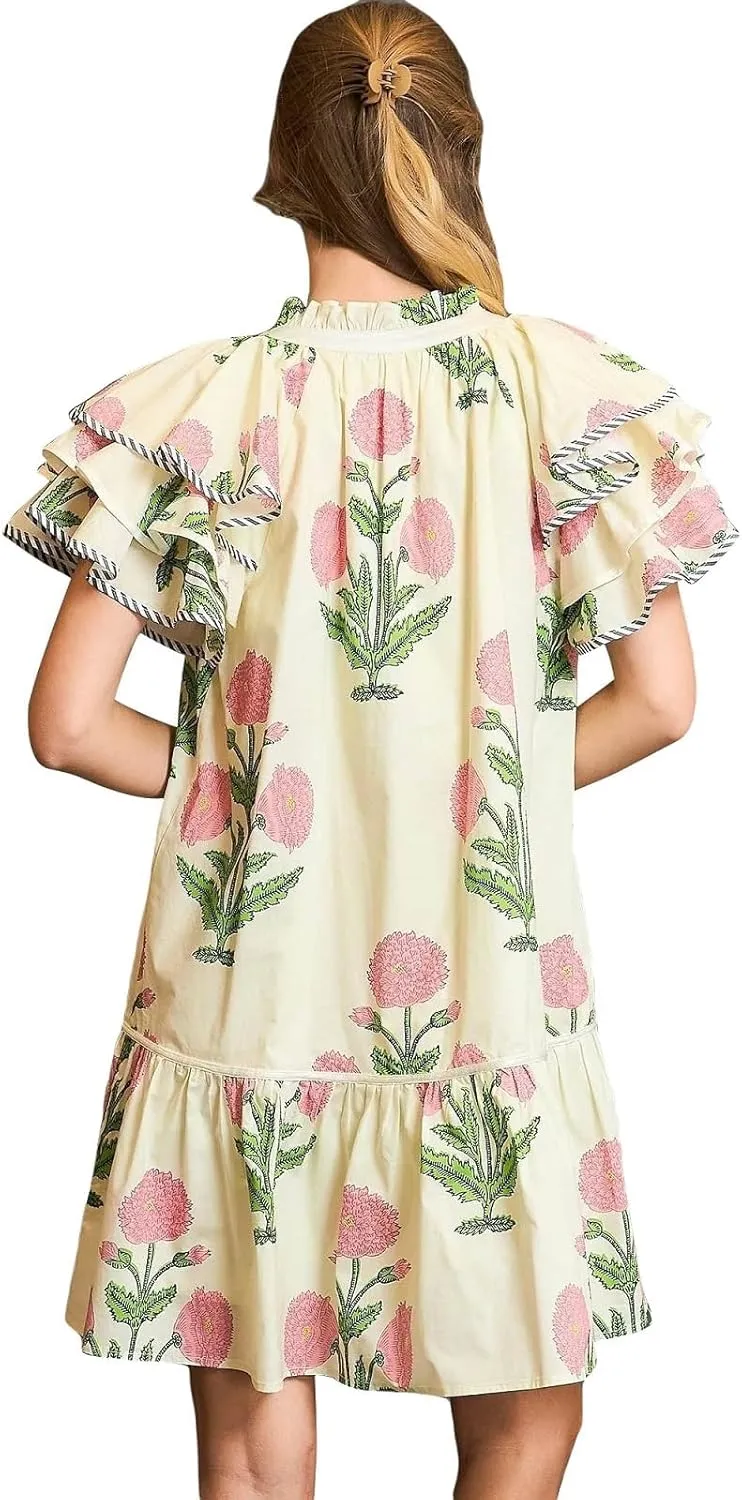 Melliflo Womens Summer Casual Floral Mini Dress V-Neck Puff Sleeve Flowy Tiered Babydoll Dress Swing Beach Vacation Sundress