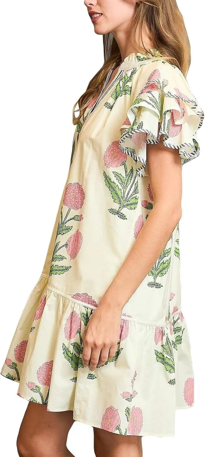 Melliflo Womens Summer Casual Floral Mini Dress V-Neck Puff Sleeve Flowy Tiered Babydoll Dress Swing Beach Vacation Sundress