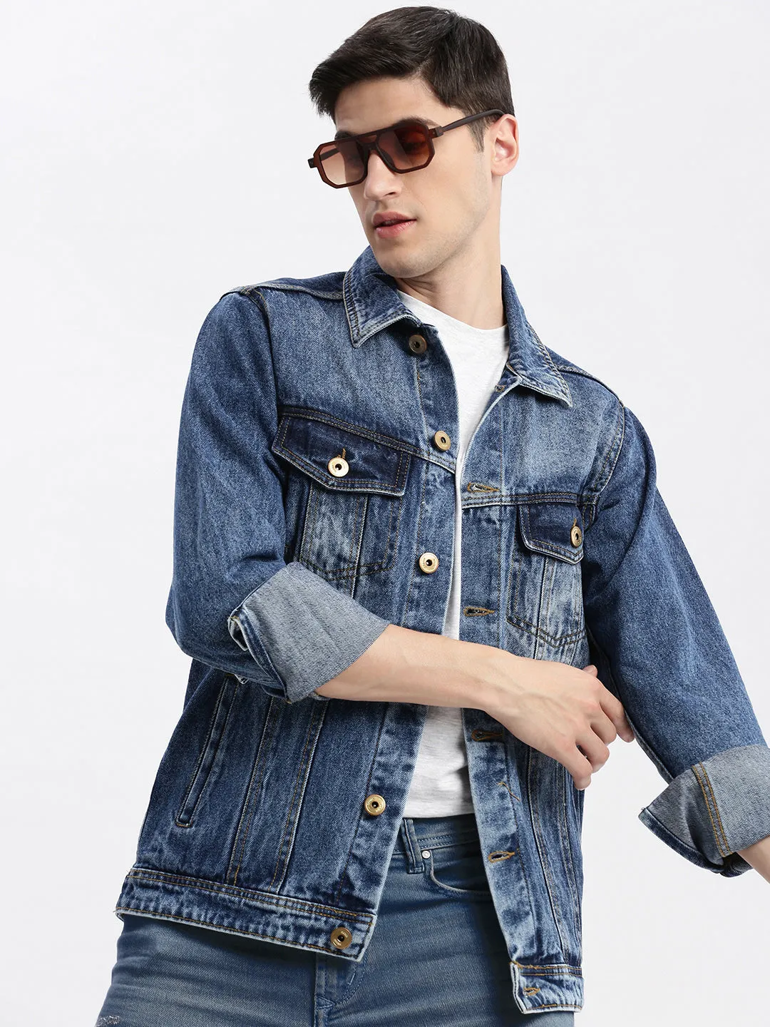 Men Blue Washed Windcheater Crop Denim Jacket