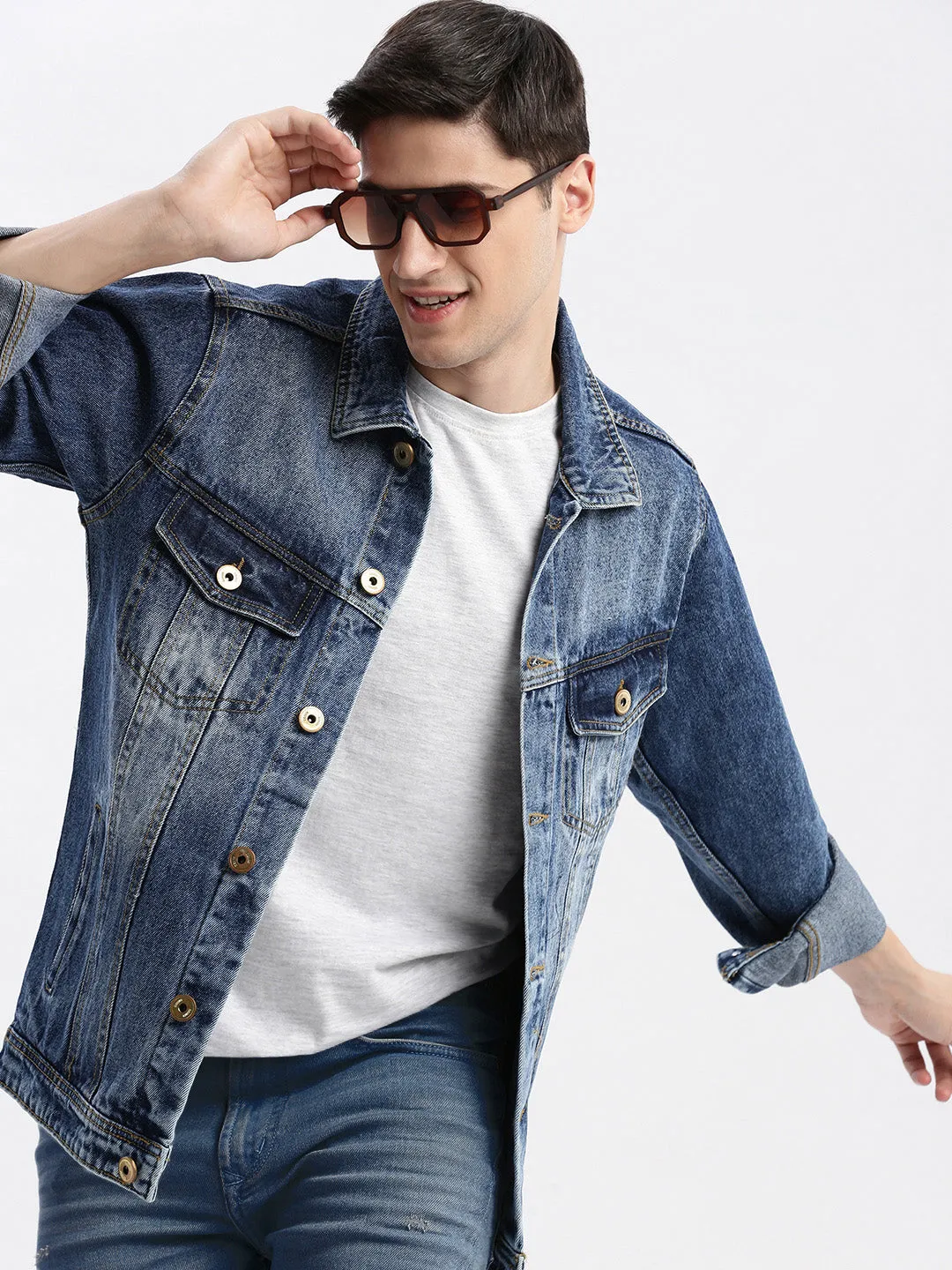 Men Blue Washed Windcheater Crop Denim Jacket