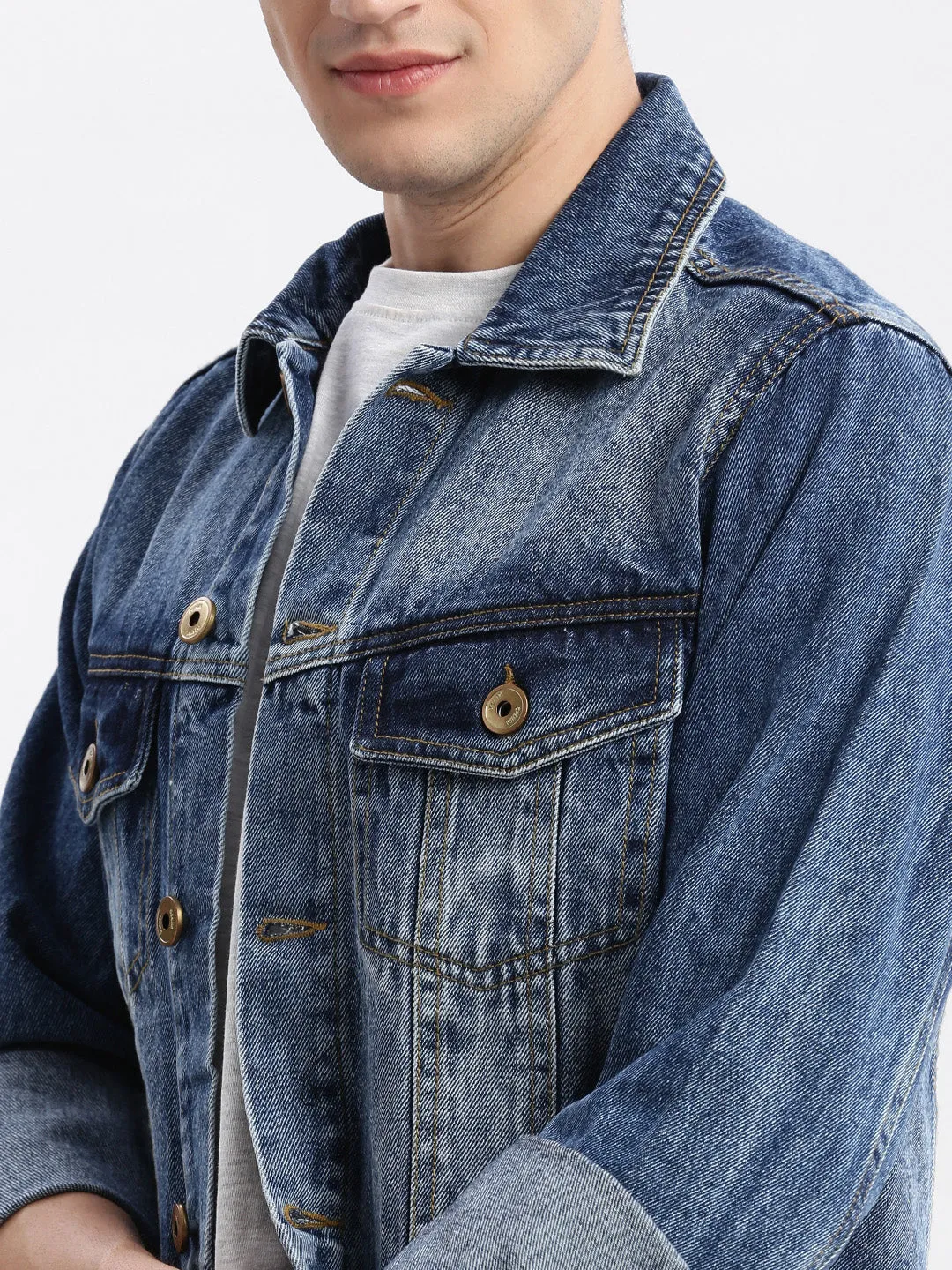 Men Blue Washed Windcheater Crop Denim Jacket