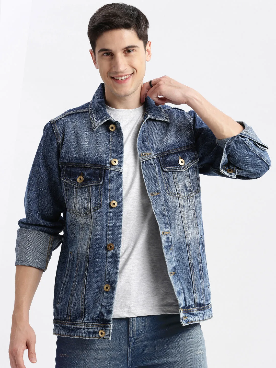 Men Blue Washed Windcheater Crop Denim Jacket