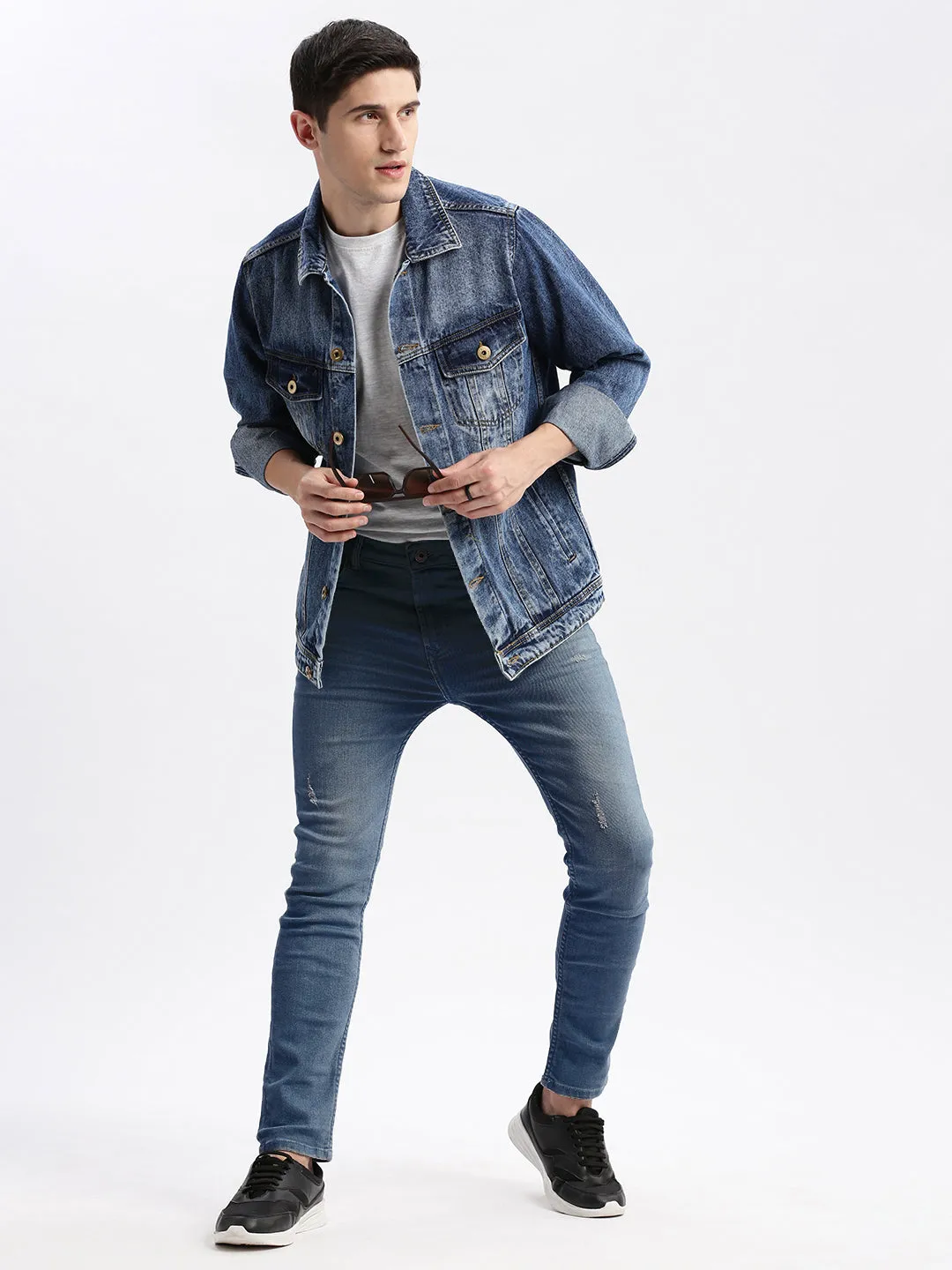 Men Blue Washed Windcheater Crop Denim Jacket