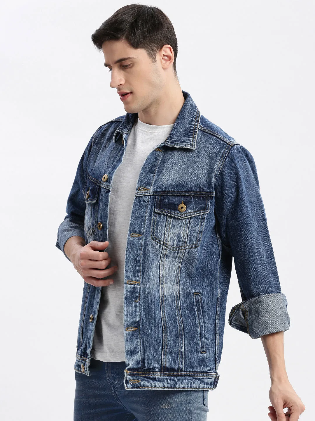 Men Blue Washed Windcheater Crop Denim Jacket