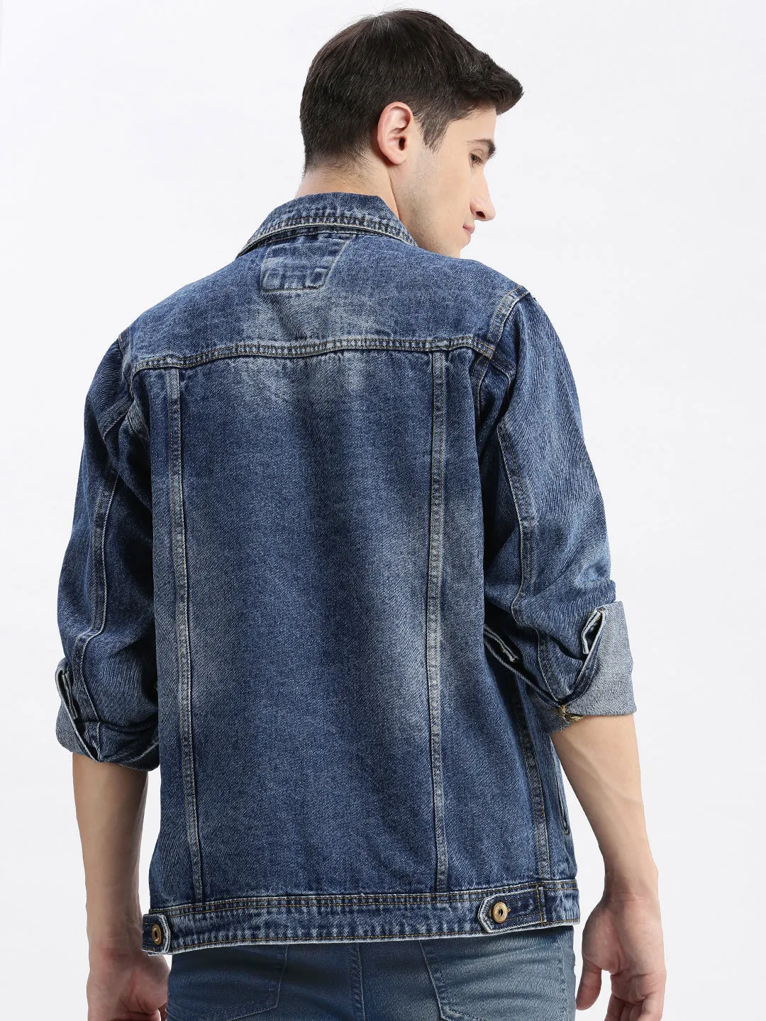 Men Blue Washed Windcheater Crop Denim Jacket