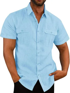 Mens Linen Shirts Short Sleeve Button Down Casual Fishing Shirt Business Dress Clothing Cuban Camp Shirts Summer Tops