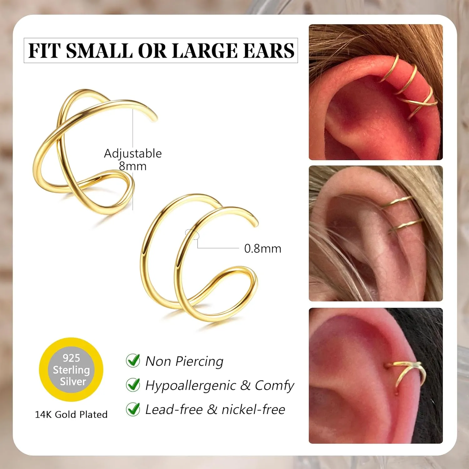 Milacolato 4Pcs 925 Sterling Silver Ear Cuffs: Adjustable Non Piercing Cuff Earrings Minimalist Fake Helix Cartilage Earcuff, Dainty Clip-on Earrings Hypoallergenic with 14K Gold Plating for Women Men